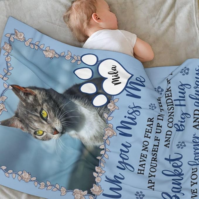 Custom Pet Memorial Blanket with Photo,Personalized Dog/Cat Loss Sympathy Gift,Pet Loss Bereavement Remembrance Gifts,Flannel Throw Blanket with Pictures (Blue)