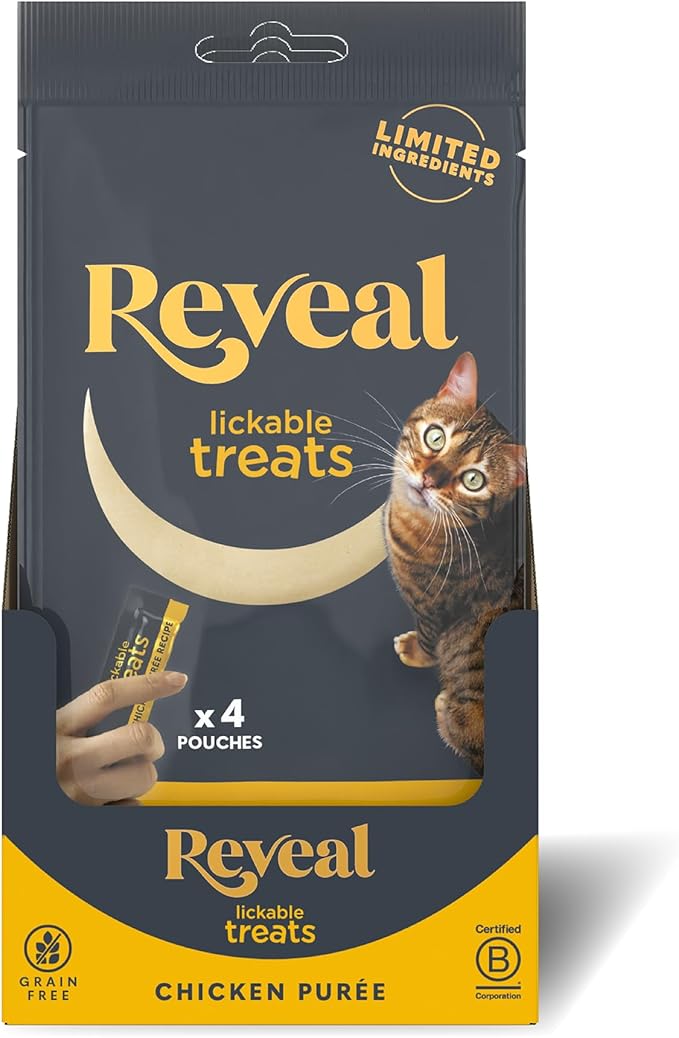 Reveal Lickable Cat Treats, Natural Purée Treats for Cats, Grain Free and Made with Limited Ingredients, Chicken Squeeze Up Cat Treats (40 x 0.5 oz Sachet Multipack)