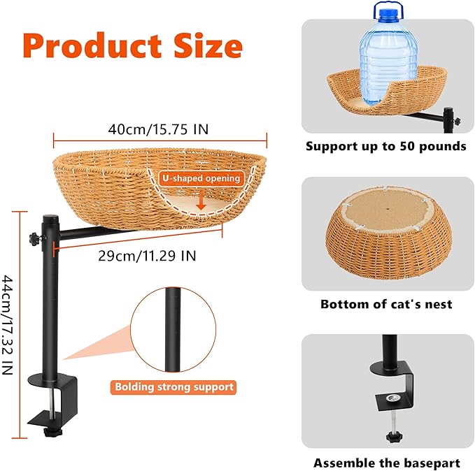 Large Cat Desk Bed, 360°Rotating & Adjustable,Supports 45 lbs,2 Seasonal Replacement Pad, Modern Indoor Cat Nest Furniture for Office Desks and Game Tables, Island Table