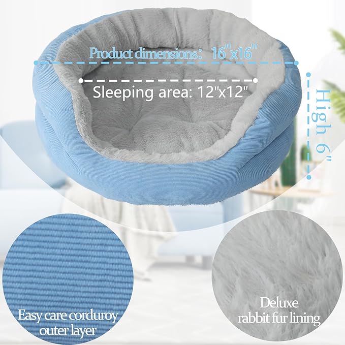 Puppy Bed for Small Dogs Washable Cat Bed,Donut Calming Blue Dog Sofa for Cute Small Kitten Anti Slip for Anxiety Pet Sleeping Couch Soft Sherpa Round Beds for Doggy and Kitty Fluffy Cushion,16 inch