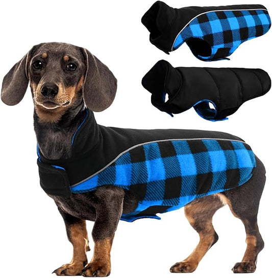 Kuoser Dog Winter Coat, Reversible Waterproof Dog Jacket with Reflective Strip, Warm Dogs Fleece Vest Adjustable Doggy Cold Weather Clothes Plaid Christmas Outfit Pet Apparel for Small Dogs, Blue XS