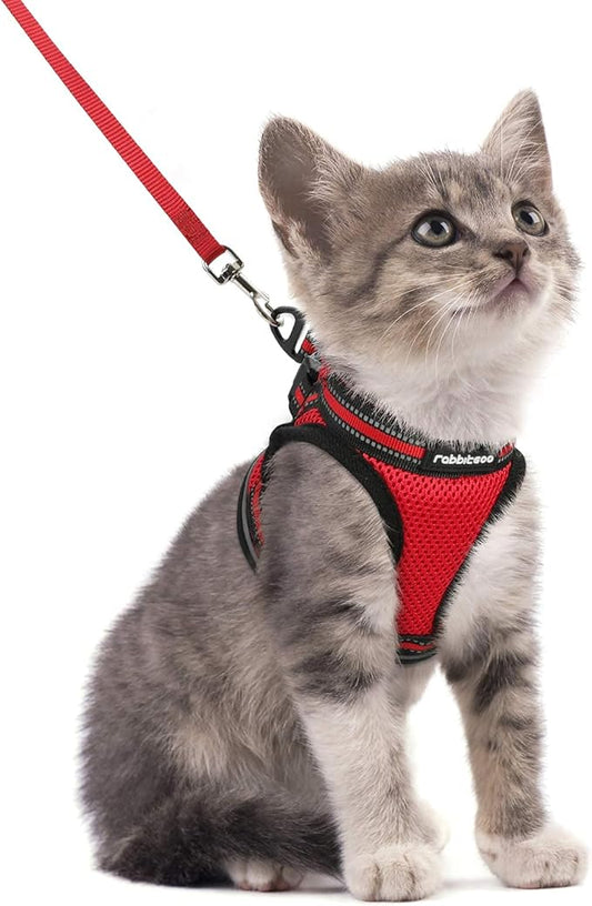 rabbitgoo Cat Harness and Leash Set for Walking Escape Proof, Adjustable Soft Kittens Vest with Reflective Strip for Cats, Comfortable Outdoor Vest, Red, S