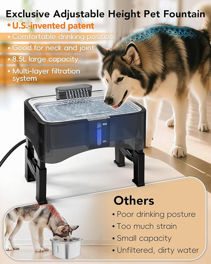 UPSKY 2.25Gal Elevated Dog Water Fountain, 4 Heights Adjustable Pet Fountain for All Dog Sizes, 304 Stainless Steel Tray Indoor Cat Drinking Dispenser with Ultra-Quiet Pump & 2 Replacement Filters