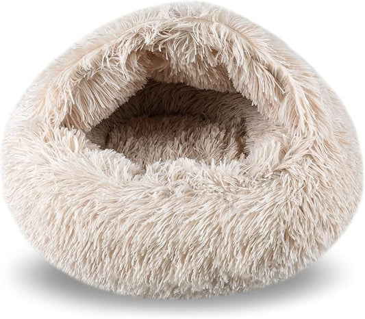 Cat Beds for Indoor Cats,Cat Cave for Puppy and Kitty,Calming Small Dog Bed for Small Dogs with Cover Cave,Cozy Warming Fluffy Washable Anti-Slip Pet Sleeping Bag(20 * 20inch,Beige)