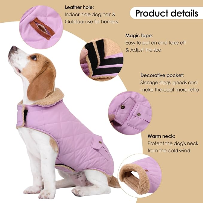 Winter Coat for Medium Dogs, Dog Plaid Jacket, Pets Coat for Cold Weather, Windproof Warm Garments, Pet Thickened Outfits Indoor Outdoor, Lilac M