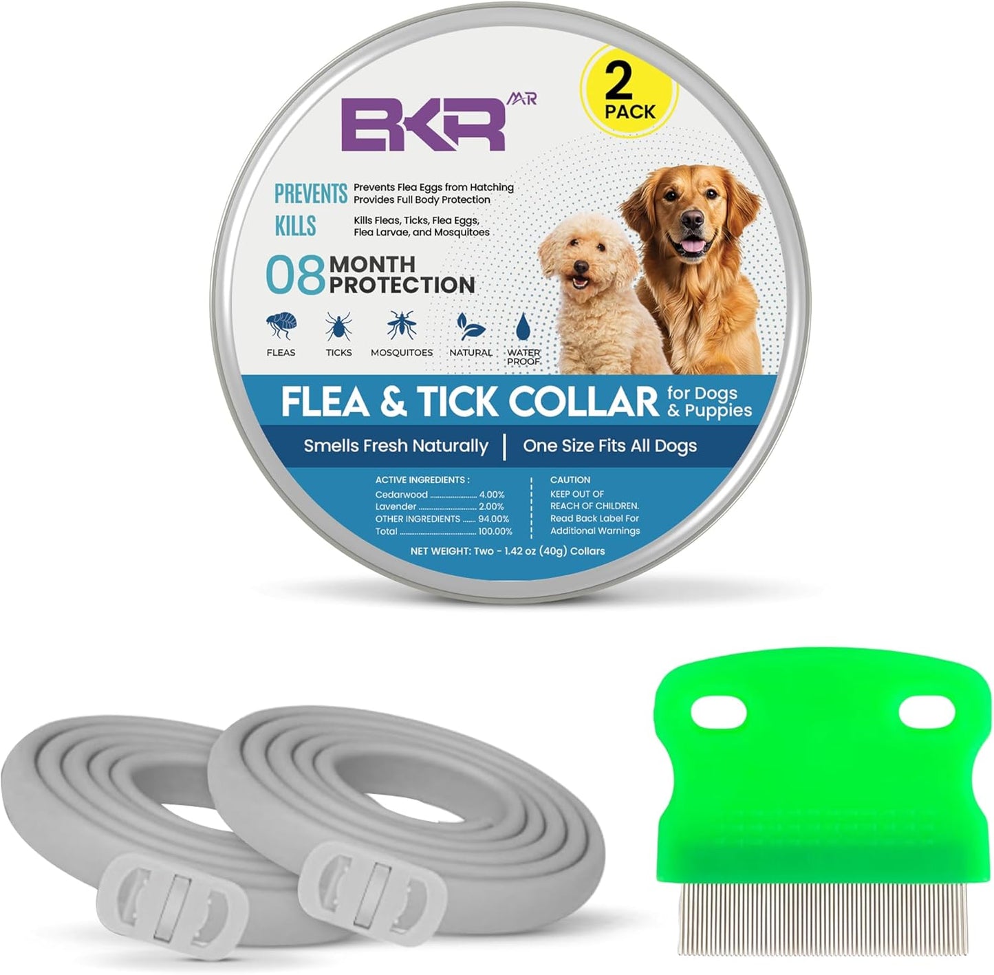 Dog Flea and Tick Collar 2 Pack 8-Month Protection Waterproof Natural Flea Collar for Dogs Safe and Effective Includes Flea Comb and Tick Removal Tool Adjustable Size for All Dogs & Puppies