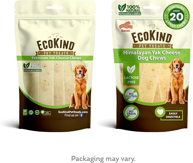 EcoKind Premium Gold Yak Cheese Himalayan Dog Chews, Dog Treats Large Breed, All Natural, High Protein Dog Chew, Bacon, Large - 18+ Chews