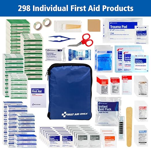 First Aid Only 299 Piece All-Purpose Emergency First Aid Kit for Home, Office, Car, Apartment, Dorm, and Camping, Travel-Friendly Compact Pouch Fits in Backpacks, Suitcases, Cabinets, and Drawers