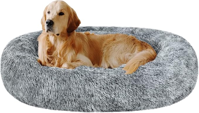 Coohom Oval Calming Donut Cuddler Dog Bed,Shag Faux Fur Cat Bed Washable Round Pillow Pet Bed(30"/36"/43") for Small Medium Dogs (XL(36"x27"x7"), Grey)