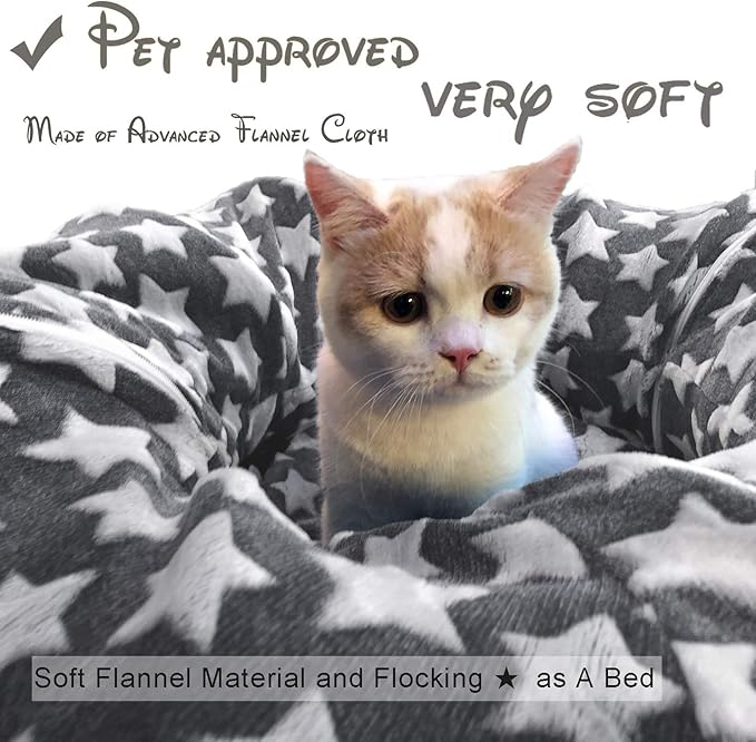 LUCKITTY Large Cat Tunnel Bed Under Christmas Tree with Fluffy Toy Balls, Small Cushion and Flexible Design- 10 inch Diameter, 3 ft Length- Great for Cats, and Small Dogs, Gray Star Pattern