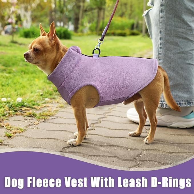 Idepet Dog Fleece Vest Sweater Zip Up Warm Pullover Dogs Jacket with D-Ring Leash Winter Cold Weater Coat Pet Sweatershirt Clothes Hoodie for Small Medium Dogs Boy Girl (Purple, L)