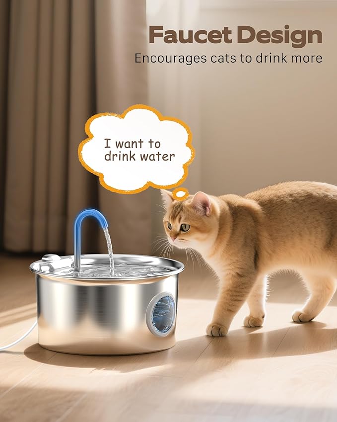 Pet Water Fountain Stainless Steel: Mental Cat Water Fountains for Cats Indoor - 88oz/2.6L Noiseless Cats Waterer Bowl Dispenser - ATMZIQXR Kitten Drinking Fountains with 8 Filters + 8 Sponges