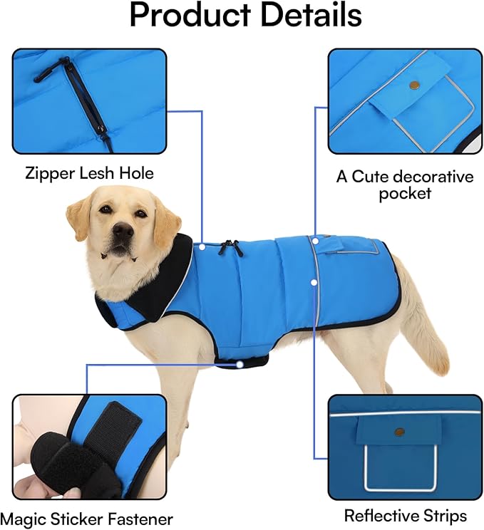 Dog Coat, Large Dog Jacket, Windproof Dogs Puffer Jacket, Fleece Lined Warm Dogs Winter Coat with Harness Hole(Blue 2XL)