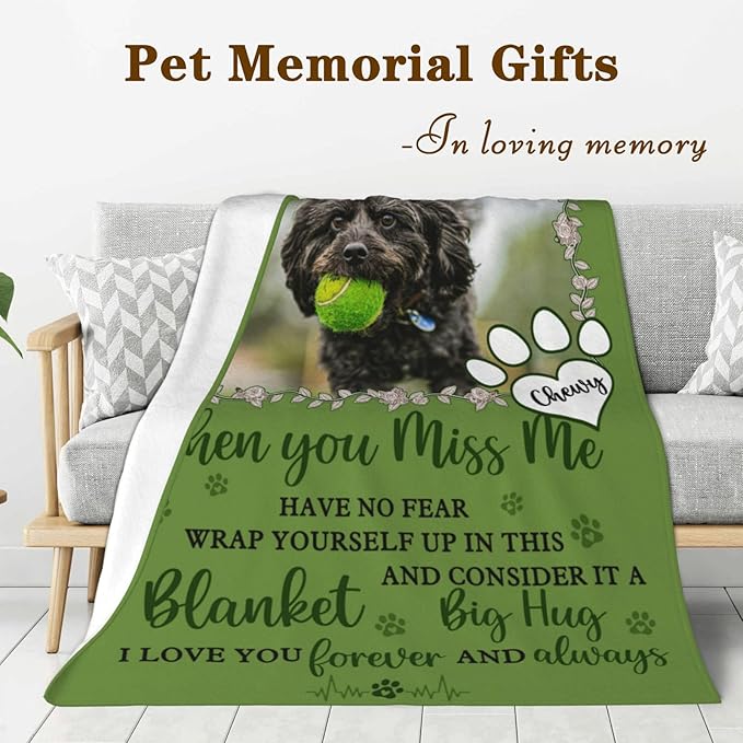 Custom Pet Memorial Blanket with Photo,Personalized Dog/Cat Loss Sympathy Gift,Pet Loss Bereavement Remembrance Gifts,Flannel Throw Blanket with Pictures (Dark Green)