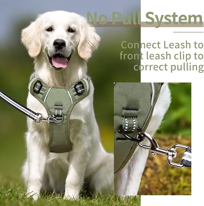 HEELE Dog Harness, Dog Harness for Small Medium Large Dogs No Pull Adjustable Padded Reflective Harness with Handle for Walking Training, Green, XL