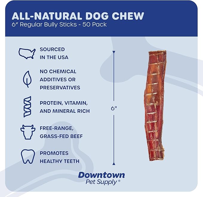 Downtown Pet Supply USA-Made Bully Sticks for Dogs (6", 50-Pack Regular) Rawhide Free Dog Chews Long Lasting Non-Splintering Pizzle Sticks - Low Odor Bully Sticks for Large Dogs