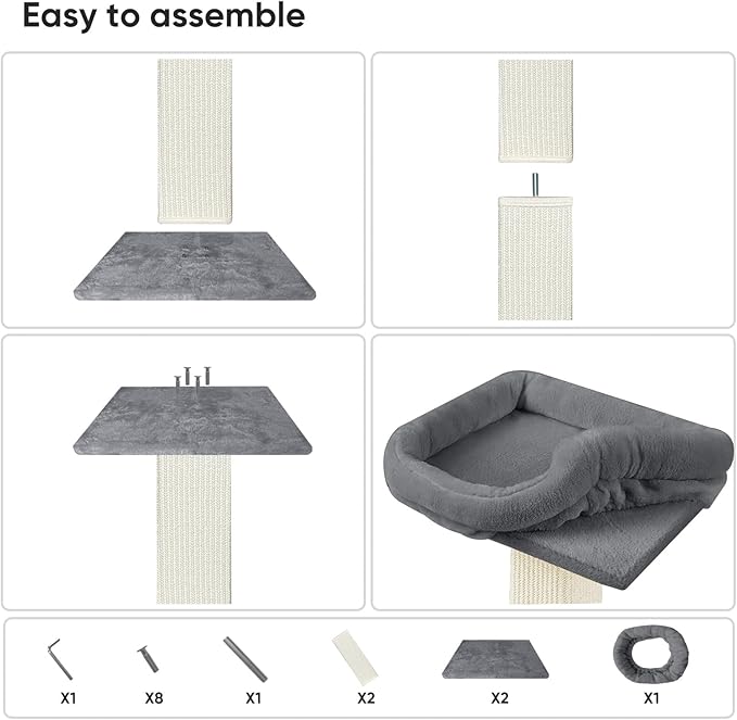 AGYM Cat Scratching Post, 32”Cat Scratcher with Large Plush Perch, Sisal & Carpet Scratching Post, Vertical Posts with Elevated Bed for Indoor Cats, Removable& Washable Cover, Grey