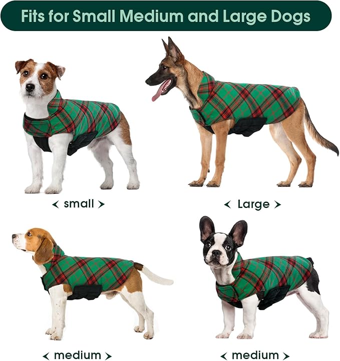 Kuoser Waterproof Dog Coat, Reversible Dog Jacket for Medium Dogs, Adjustable Durable Doggie Winter Coat Warm Puppy Cold Weather Apparel from Small to Large Breed, Christmas Green M