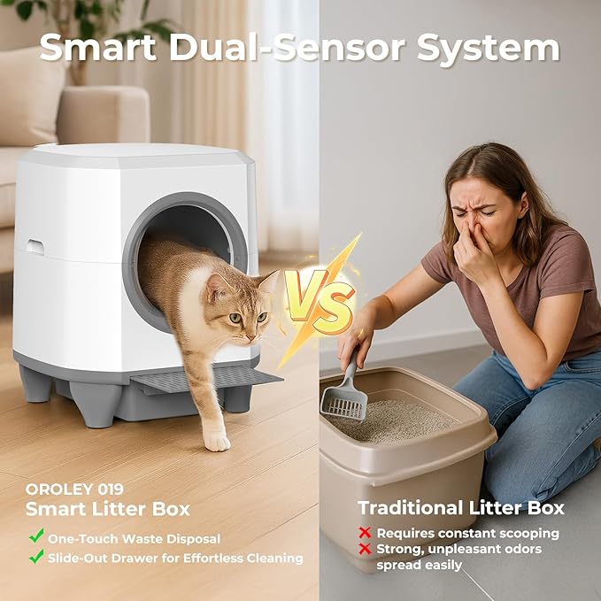 Self Cleaning Litter Box, Large Capacity Automatic Cat Litter Box with APP Control, Safety Sensors, Built-in Deodorizing Scent Box, and 1 Roll Garbage Bags ，White