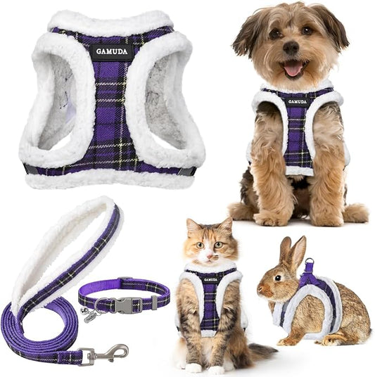 GAMUDA Small Dog Harness Collar and Leash Set, Step in No Chock No Pull Soft Mesh Adjustable Dog Vest Harnesses Plaid Reflective for Dogs Puppy Cats Kitten Rabbit (Warm Purple, L)