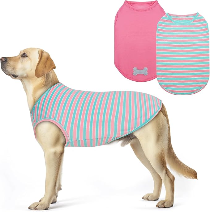 KYEESE 2Pack Dog Shirts Striped T Shirt for Large Dogs Lightweight Clothes Sleeveless Vest Cotton Tank Top, XXX-Large,Pink+Striped