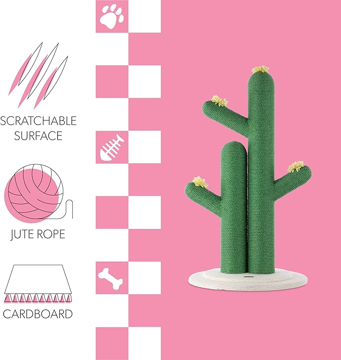 CTR1005A Socorro 34.25" Modern Jute Double-Cactus Cat Scratching Post with Flower Toys, Green/White