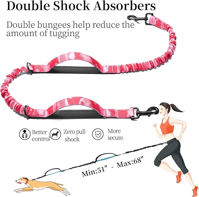 iYoShop Hands Free Dog Leash with Zipper Pouch, Dual Padded Handles and Durable Bungee for Walking, Jogging and Running Your Dog (camo Pink, Large)