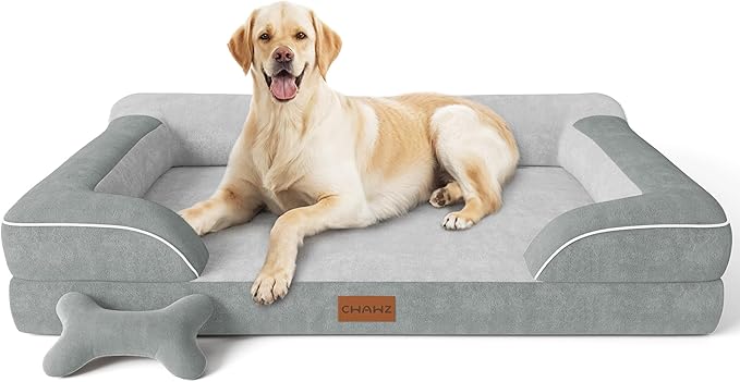 Jumbo Dog Beds for Extra Large Dogs, Orthopedic Dog Bed with Cooling Gel Memory Foam, Waterproof Pet Bed with Removable Washable Cover, 45" Pet Sofa Couch Velvet with Bone Toy, Light Gray