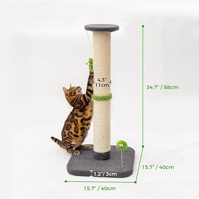 TINYBEAST 34.7" Tall Cat Scratching Post, 3 in 1 Sisal Cat Scratcher, Heavy Duty 4.3" Diameter Cat Tree with Hanging Bell Ball Toy and Reinforced Stable Base for Indoor Adult Cats & Kittens(Grey)