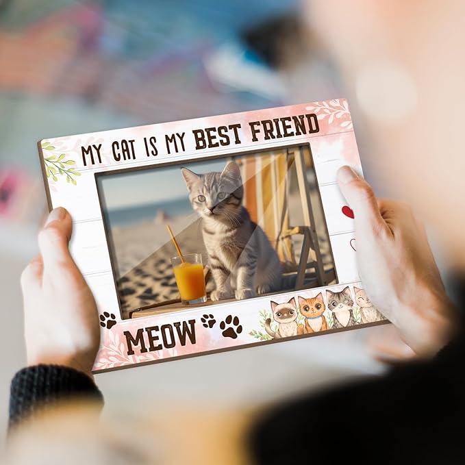 Cat Picture Frame, Pet Picture Frame Cat Lover Gifts for Friends Mom, Wooden Photo Frame with Stand, 4"x6" Photo Frame for Tabletop Display, Home Office Bedroom Decor Shelf Display/XK43