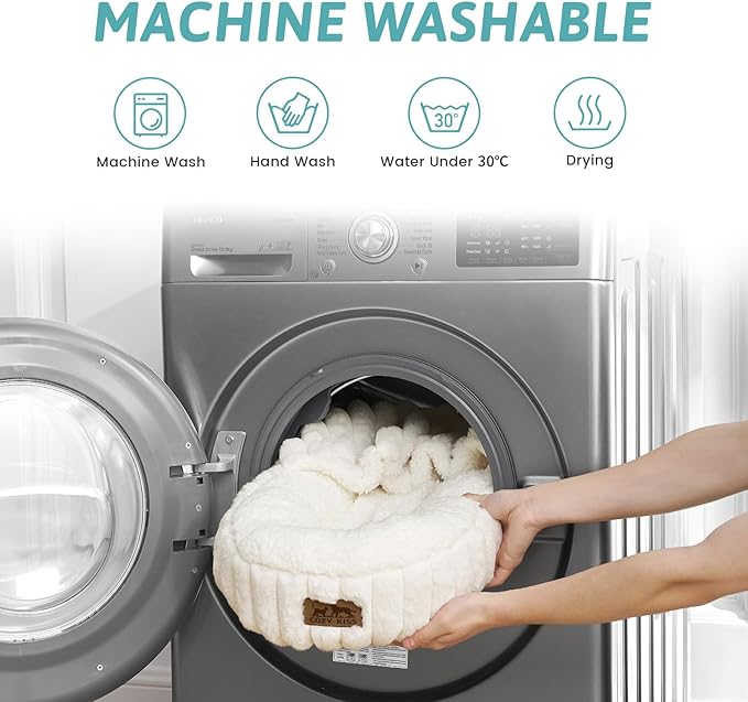 Dog Bed with Hooded Blanket, Round Fluffy Anti-Anxiety Pet Bed for Medium Dogs & Large Dogs, Cozy Donut Cuddler with Machine Washable Faux Fur & Anti-Slip Bottom(35"×35"×7",Cream)