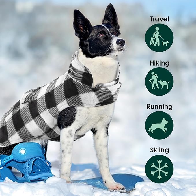 Kuoser Dog Winter Coat, Windproof Dog Fleece Jacket British Style Plaid Cold Weather Doggie Vest Coats, Reversible Cozy Warm Pet Clothes Apparel for Medium Dogs M