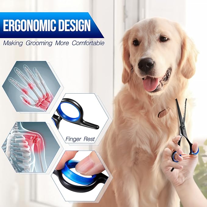 Gimars Dog Grooming Scissors Kit Professional 4CR with Safety Round Tip, 5 in 1 Heavy Duty Titanium Coated Thinning & Curved & Straight Shears