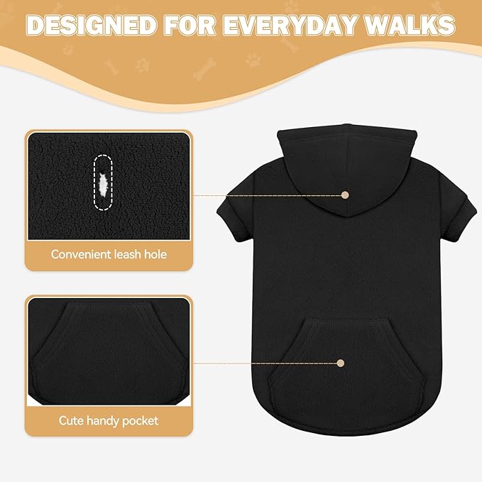 Dog Sweaters for Small Dogs,Dog Hoodies,Warm Fleece Sweatshirt with Hood & Pocket,Leash Hole,Cozy Cold Weather Puppy Clothes Pet Sweater for Small Dogs(Black,S)