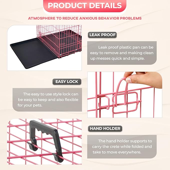 FDW Dog Crate Dog Kennel Cage with Double Door,36 inch Folding Metal Wire Dog Cage with Removable Tray&Divider Panel,Pet Crate for Medium Dogs,Pink