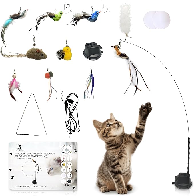 Interactive Bird Simulation Cat Feather Toy Set - Suction Cup Cat Toys for Indoor Cats, Natural Feathers, Bells & Easy Clip-On, Perfect for Indoor Cats - 2 Free Pads, Suctions to Ground