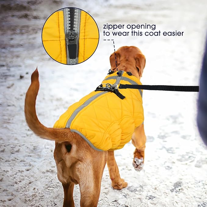 FUAMEY Dog Coat for Large Dogs,Waterproof Dog Winter Jacket with Harness Built in Puppy Cold Weather Coats Reflective Pet Vest with Zipper Warm Fleece Dogs Snowsuit Windproof Yellow L