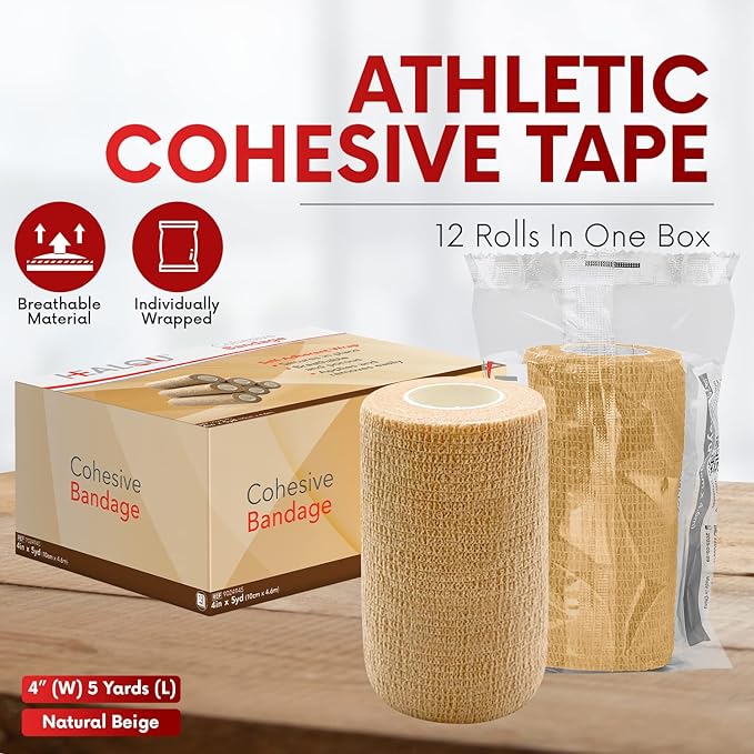 HEALQU Self Adhesive Bandage Wrap – 4" x 5 Yard, 12 Rolls Cohesive Tape for Athletic & Sports - Self Adherent Medical Tape, Flexible, Waterproof Elastic Bandages for Wrist & Ankle Vet Wrap for Dogs