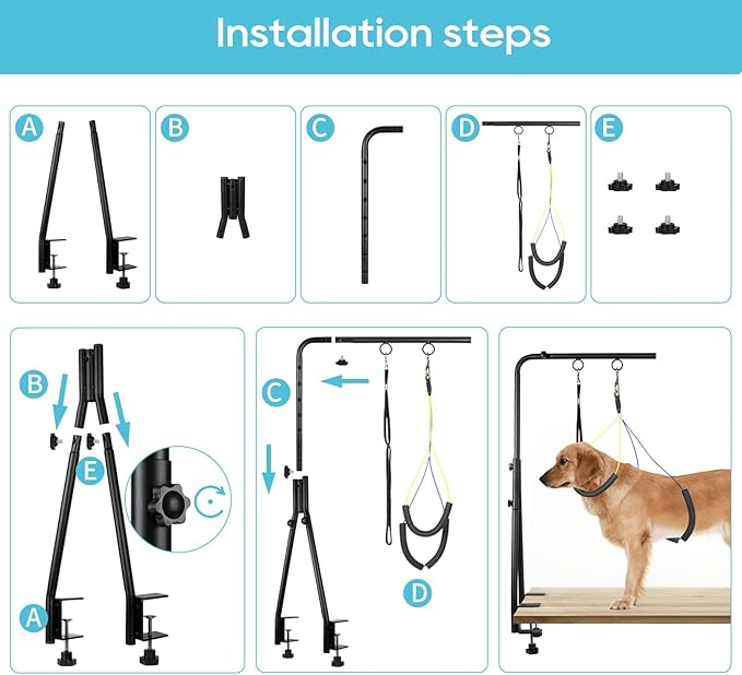 Dog Grooming Arm, Adjustable Pet Grooming Arm with Clamp for Small and Medium Dogs,Grooming Loop and No Sit Haunch Holder (Black, 35" H Arm + Heavy Duty Double Clamp + Hammock)