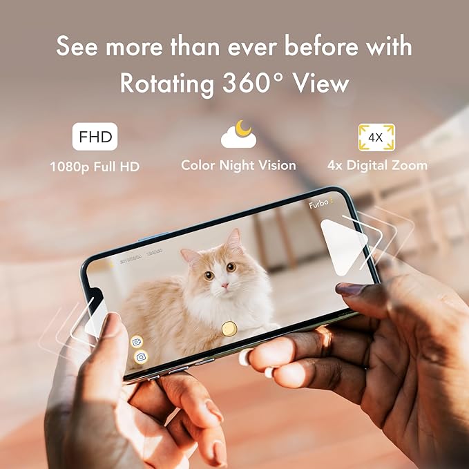 Furbo 360° Cat Camera: Pet Security Cam w/Meowing Alerts, Rotating View, Treat Toss w/Phone App, Smart Home Kitty Monitoring, 2-Way Speaker, No Subscription Needed. Standard See, Talk, & Toss Features