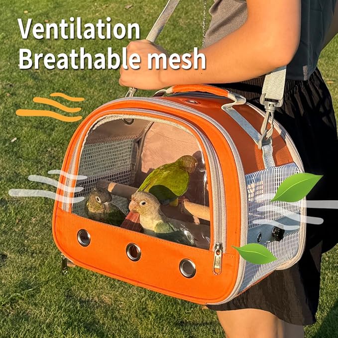 Bird Carrier,Bird Cage Parakeet Parrot Budgie Carrier Backpack for Small Birds, Travel Bird Cages with Perch, Transparent Ventilation Cockatiels, Lightweight Pet Carrier for Outdoor Use(Orange)