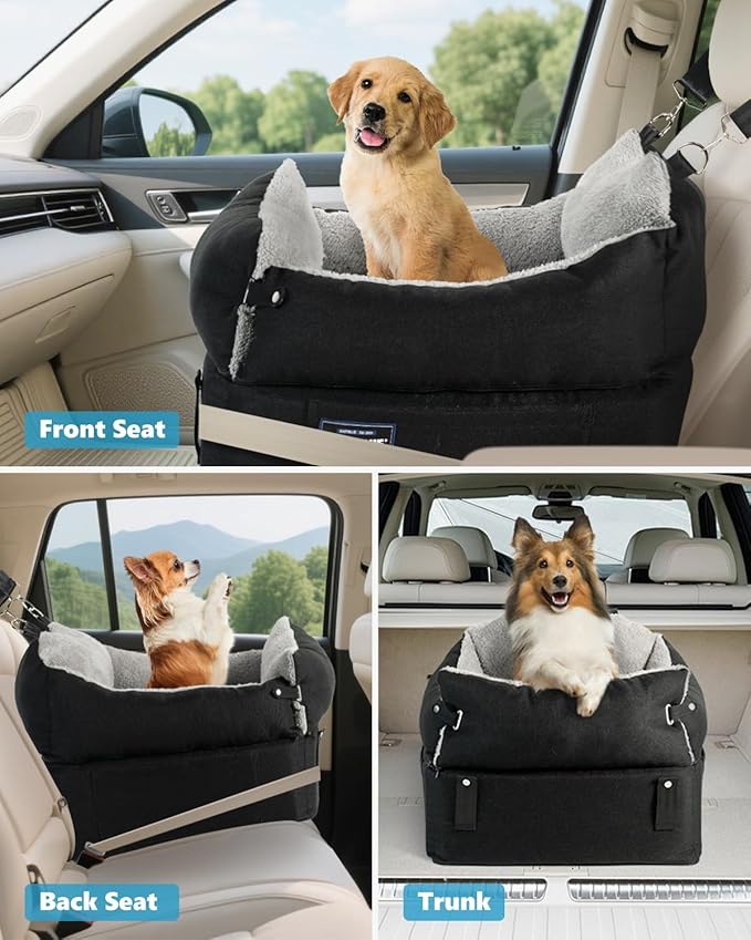 EASTBLUE Dog Car Seat for Small Medium Dogs Up to 35 lbs, Memory Foam Dog Booster Car Seat with Seatbelt, Detachable Washable Pet Carseat for Puppy & Cat, Dogs Travel Bed for Cars (Black/Grey)