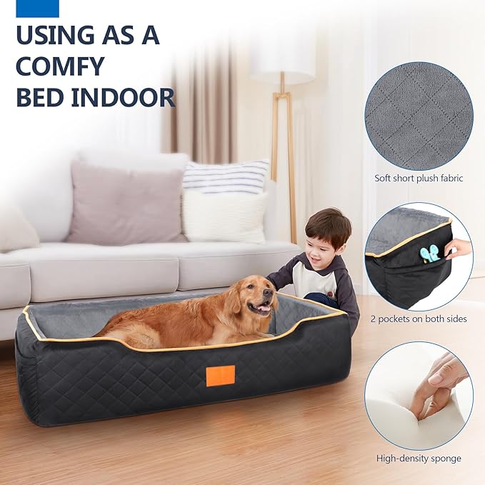 Dog Car Bed Booster, Comfortable Travel Seat for Large/Medium Dogs, Fully Detachable & Washable with Thick Cushion (Black&Gray)