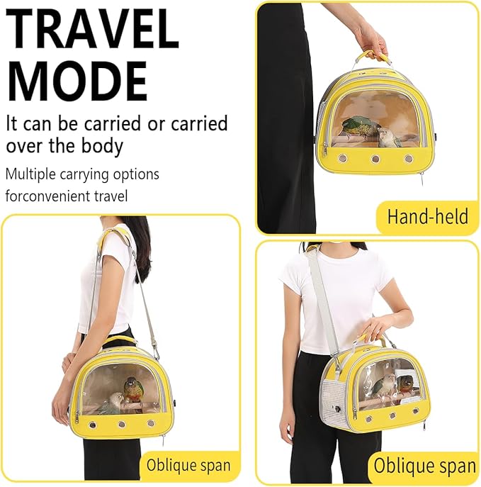 Bird Carrier,Bird Cage Parakeet Parrot Budgie Carrier Backpack for Small Birds, Travel Bird Cages with Perch, Transparent Ventilation Cockatiels, Lightweight Pet Carrier for Outdoor Use(Yellow)