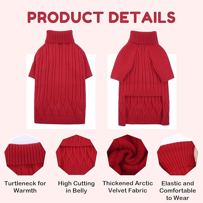 Dog Sweater for Medium Dogs, Warm Winter Fall Turtleneck Knitwear, Christmas Pet Sweatshirt Clothes for Girls Boys, French Bulldog, Beagle (Red M)