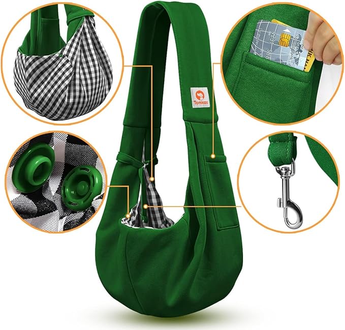 Tomkas Small Dog Sling Carrier - Classic Pocket & Classic Strap - for 3-10 lbs Pets(Emerald Green)