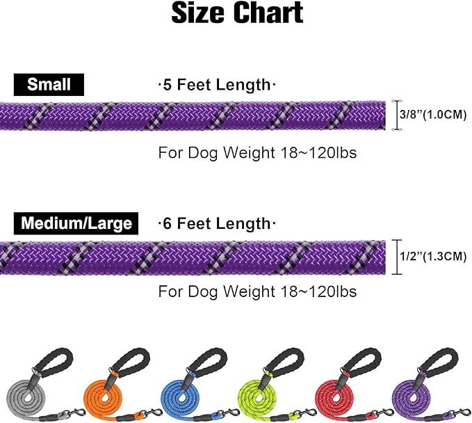 BEAUTYZOO Heavy Duty Rope Dog Leash 6 Pack, 5FT Nylon Pet Lead With Reflective Thread, Soft Padded Handle for Large Medium Dogs Small Puppy