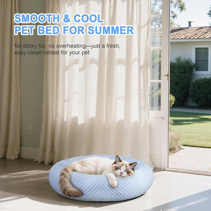 Small Donut Dog Bed - Cooling Calming Cuddler for Cats & Puppies, Anti-Anxiety Ice Fabric Round Pet Bed, Washable Comfort Dog Bed for Small Dogs, Egg Tart Design (S)