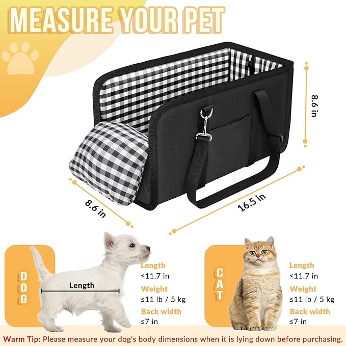 SlowTon Console Dog Car Seat - Portable Dogs Armrest Booster Seat for Small Dog, Anti-Collapse Pet Car Seat with Soft Cushion Safety Belt, Support Pet Up to 11lbs (Black)