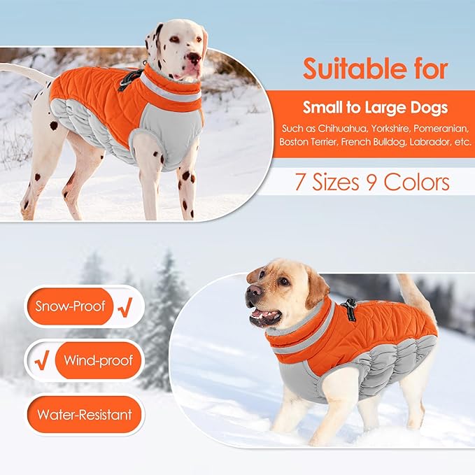 AOFITEE Dog Coat, Warm Dog Winter Coat for Large Dogs, Reflective Turtleneck Dogs Jacket with Harness Built in, Waterproof Windproof Pet Puffer Jacket Fleece Vest for Cold Weather, Orange XXXL